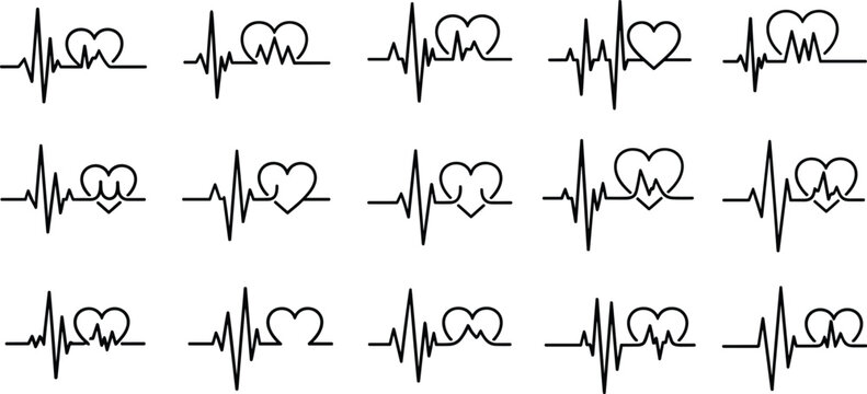 Vector collection of medical heart rate pulse icons and heartbeat rhythm symbols with monitor display for cardiology healthcare diagnostic and clinical medicine design concepts