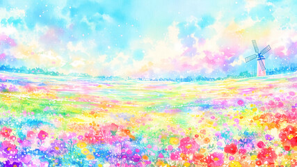 Obraz premium 風車と色とりどりの花畑が広がる美しい水彩画風の春の風景イラスト