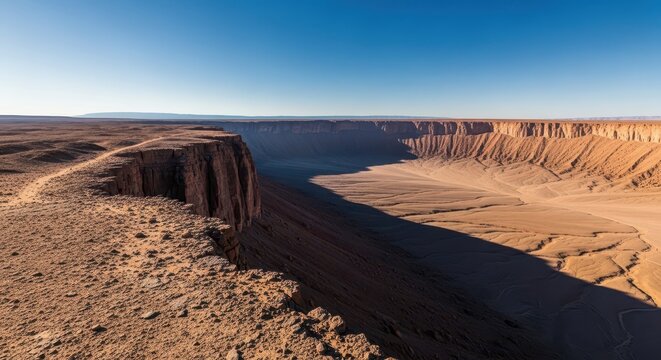 A dramatic panoramic view capturing the rugged, high edge of an immense, arid desert basin under a clear, intense blue sky, rim, geography, remote