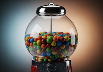 A vibrant collection of colorful round candy inside a classic clear glass globe dispenser on a sturdy metallic stand, coin, slot, yellow