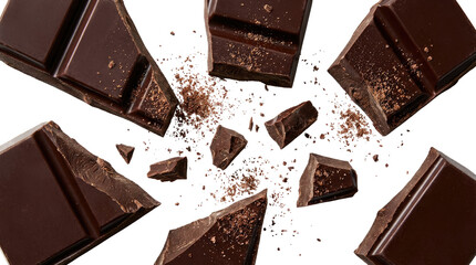 Dark chocolate pieces and crumbs scattered against a white background, angled composition, brown tones, food cutout on alpha channel