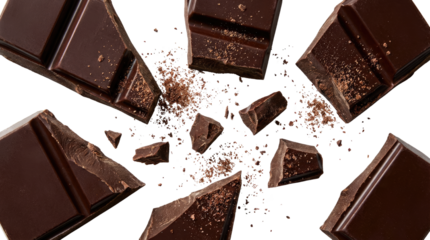 Dark chocolate pieces and crumbs scattered against a white background, angled composition, brown tones, food cutout on alpha channel