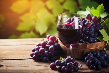 Obraz premium Red wine in a glass surrounded by fresh purple grapes on a rustic wooden table, vineyard background
