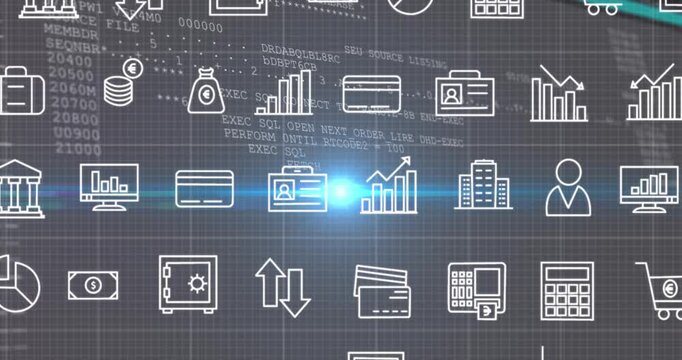 Animation of multiple computer icons and screen with programming language over grid