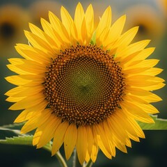 Obraz premium Close-up of a magnificent, fully bloomed sunflower, showing detailed seeds and vibrant yellow petals in warm, natural light, thriving, cheerful, sunny