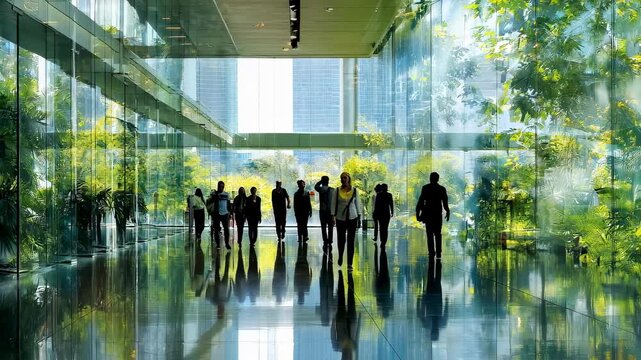 Blurred people walking in modern office building with green tree and sunlight, eco friendly business concept background with copy space