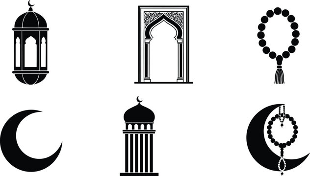 Islamic religious silhouette icon set with lantern crescent moon mosque mihrab minaret and prayer beads symbols
