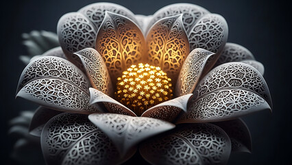 Mandala style 3D flower with ornate lace patterns and warm light. Symbolizing purity and enlightenment, ideal for meditation apps, spiritual content, and cultural graphic designs.