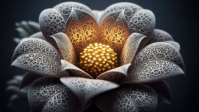 Mandala style 3D flower with ornate lace patterns and warm light. Symbolizing purity and enlightenment, ideal for meditation apps, spiritual content, and cultural graphic designs.