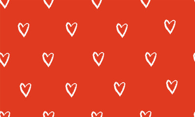 Hand drawn white hearts seamless pattern in naive art style on red background. Love symbols. Valentines Day concept for design and print