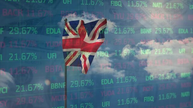 Animation of stock market data processing over waving uk flag against spinning dollar bills