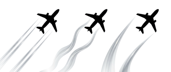 Three airplanes fly in formation with visible trails on a white background for ready for compositing on white and transparent background