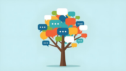 Illustration of a tree with colorful speech bubbles symbolizing communication and social networking