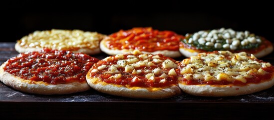 Variety of pizzas on a wooden surface