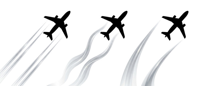 Three airplanes fly in formation with visible trails on a white background for ready for compositing on white and transparent background