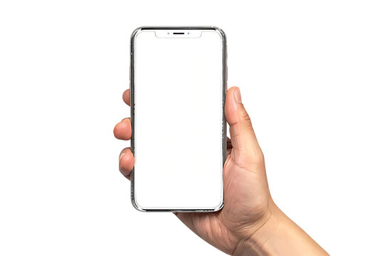 A hand holding a white iphone with a blank screen against a black background