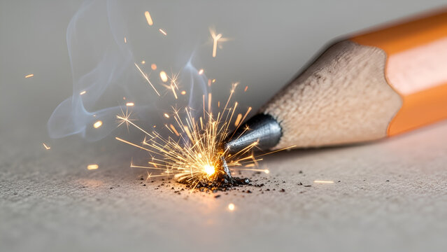 Close up of a pencil tip sparking and smoking on a light surface, representing an idea or ignition concept