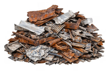 Scrap metal pile from industrial waste, including rusty iron, aluminum, and steel for recycling, on a transparent background