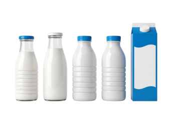 Selection of Fresh Milk in Diverse Packaging: Clear Glass Bottles, White Plastic Bottles with Blue Caps, and a Vibrant Blue Carton, Clean and Ready for Branding, Isolated on Transparent Background.