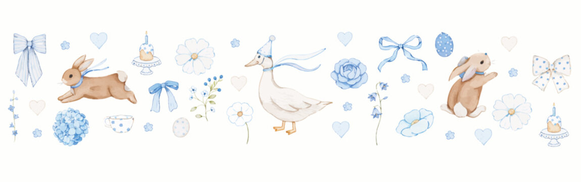 EASTER NURSERY WATERCOLOR BANNER WITH BUNNIES GOOSE RIBBONS AND BLUE FLORALS