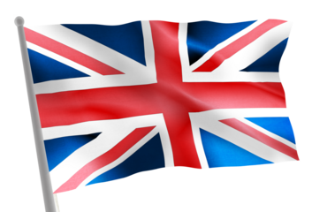 National flag of United Kingdom waving against clear background during daylight hours