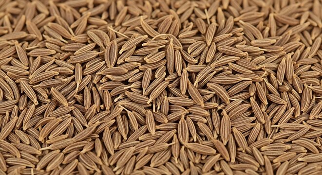 Macro close-up view of abundant, dry cumin seeds showcasing rich texture and natural brown coloring
