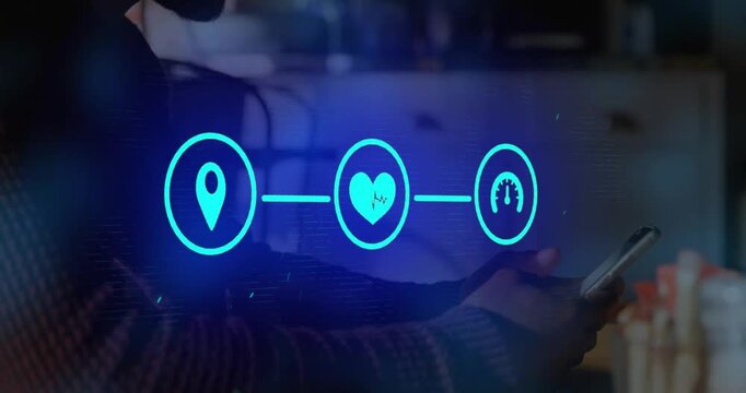 Animation of flowchart of icons over man scrolling on smartphone