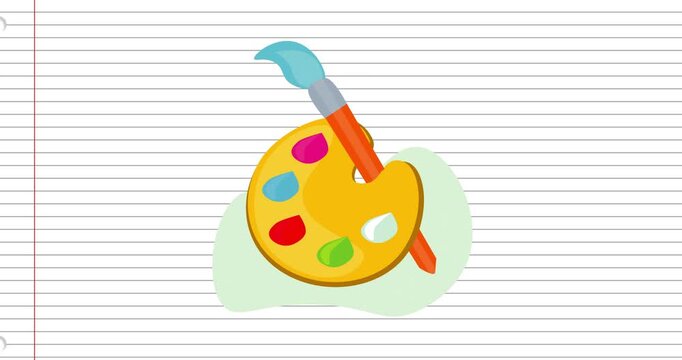 Animation of paint brush and pallet art subject icon on lined notebook page