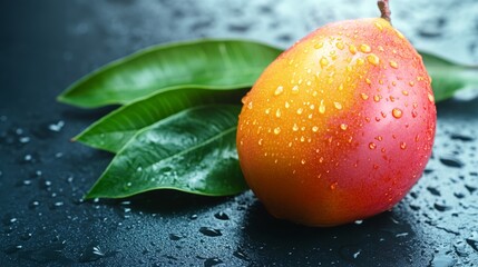 Fruit and leaf closeup photo with raindrops