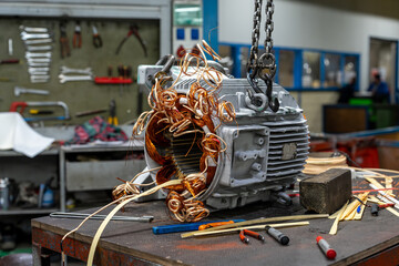 Gros plan sur des bobinages en cuivre d’un moteur électrique en cours de réparation dans un atelier industriel, mettant en valeur la complexité des composants électromécaniques.