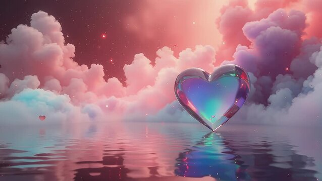 Colorful Crystal Heart Glowing Above Serene Water and Clouds