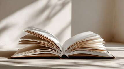 Obraz premium Close-Up of an Open Blank Book with Soft Sunlight Shadows