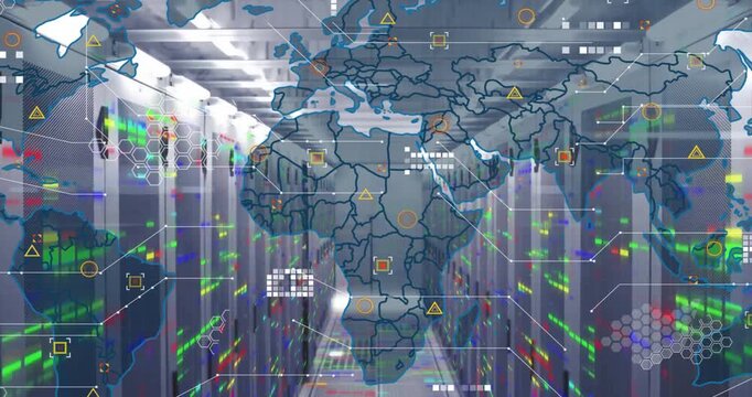 Animation of data processing and world map over computer servers