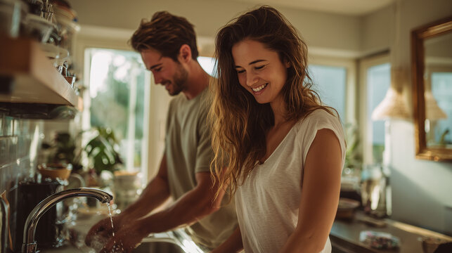 a heartwarming portrait of a happy young newlywed couple enjoying a peaceful morning in their sunlit kitchen, with the husband washing dishes while his wife smiles warmly.