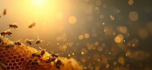 Busy bees working on honeycomb bathed in golden sunlight. Honeybees flying around hexagon honeycomb cells, producing honey with golden light