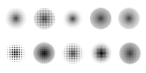 Halftone dot circle set vector. Black circular gradient dot patterns. Abstract minimal texture design. Simple dotted elements for posters, backgrounds and graphic design