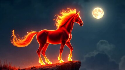Red horse with a fiery mane against the night sky during a full moon. Chinese new year scene, festive animal symbol. Concept of holiday marketing, advertising design, business branding. 
