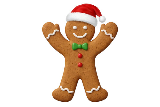 A festive gingerbread man wearing a santa hat on a black background