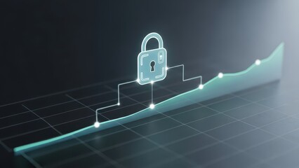 Cybersecurity and Data Protection Growth Concept. Digital Padlock Icon Over an Upward Trending Financial Chart Representing Secure Business Success, Privacy, and Technology Advance
