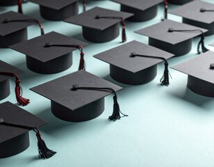 Many black graduation caps with tassels are arranged neatly on a light blue background, representing the completion of academic studies and the beginning of new journeys