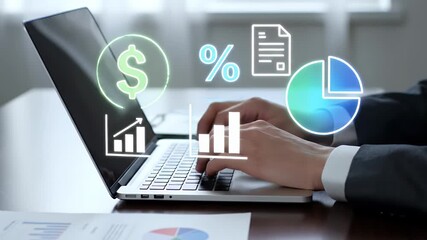 Businessman typing on laptop with financial data analysis and business growth icons. - Powered by Adobe