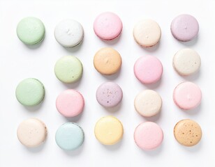 Obraz premium Appetizing selection of vibrant and colorful pastel macarons, showcasing a delicious array of flavors, neatly presented on a clean white surface