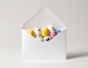 Pristine white envelope reveals a charming collection of small, vibrantly colored speckled chocolate eggs, perfect for Easter or a delightful spring surprise