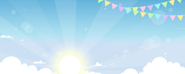 Morning sky,rising sun,sunrise light ray,clouds and pastel flags for Easter party background.Banner festive background for Spring celebration,Party invitation,Seasonal design concept