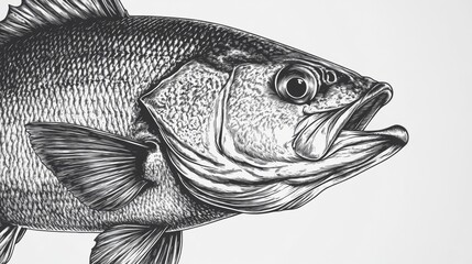 A black and white illustration of a fish's head and upper body