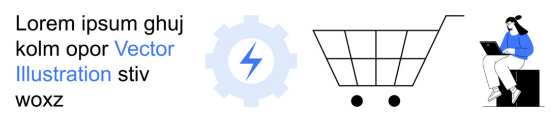 E-commerce, digital shopping, online services, productivity, technology, remote work. Gear with lightning bolt, shopping cart and sitting person using a laptop. E-commerce and technology symbol