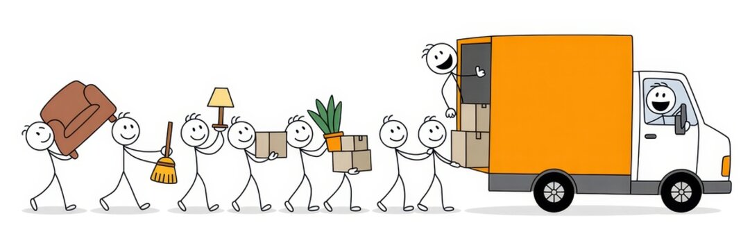 Row of simple human figures carrying household items toward a moving truck, including boxes, furniture, lamp, and plant, shown with black outlines on a white background with large empty space.