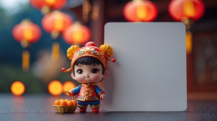 Cute Lunar New Year Chibi Doll with Blank Sign and Red Lanterns