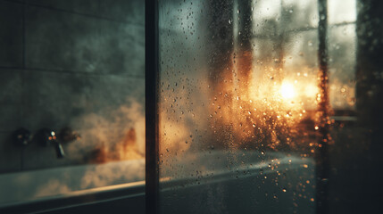 Steamy Shower Glass Wall With Water Droplets And Condensation Bathroom Interior With Bathtub Soft Window Light Cinematic Moody Scene
