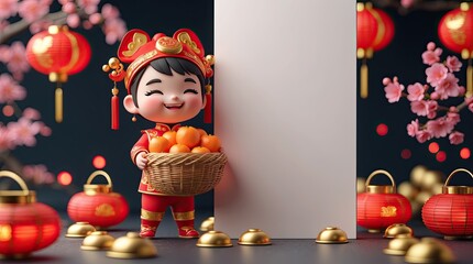 Cute Lunar New Year Chibi Doll with Blank Sign and Red Lanterns